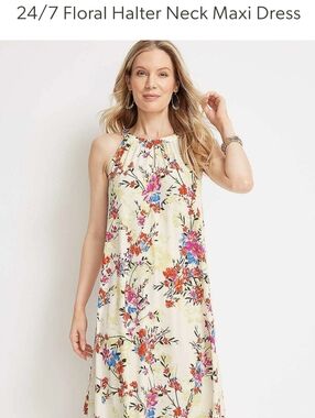 Floral Halter Neck Maxi Dress - Cream with Multicolor Blooms
